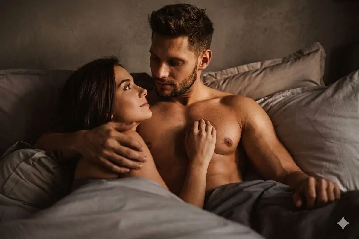 Man and woman embracing on a bed in a cozy bedroom