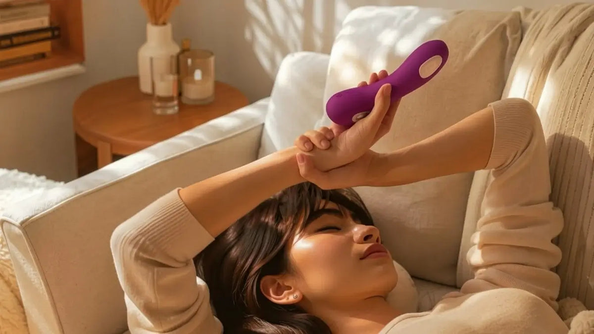 Relaxed woman lying on the couch with a pink vibrator in her hands